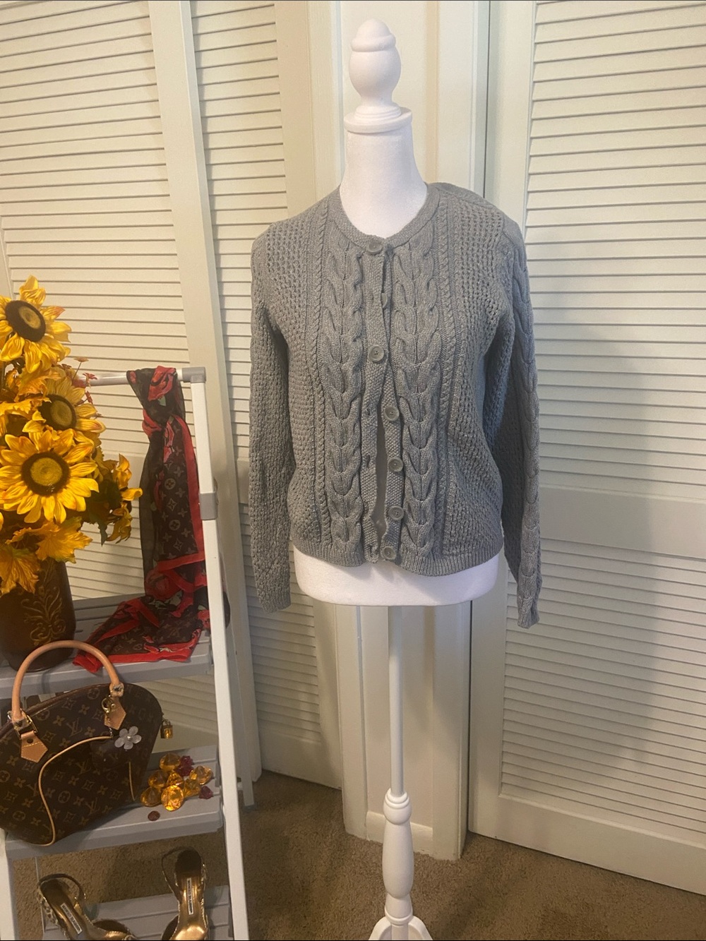 Liz Claiborne Gray Cable-Knit Button Cardigan